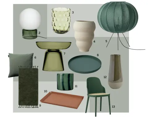  ??  ?? 1. STOL, Collector, olieret eg og valnød, 5600 kr., Kristina Dam Studio. 2. BORDLAMPE, opal og grønt glas, H 33 cm, Ø 17 cm, 1199 kr., Hübsch. 3. VANDGLAS, Danish Summer Tumbler, olivengrøn, 149,95 kr., Kodanska. 4. VASE, hånddrejet nr. 6, keramik, H 25 cm, Ø 16 cm, 995 kr., Ro Collection. 5. LAMPE, Knit-Wit Floor, Tweed Green, H 58 cm, Ø 45 cm, Made By Hand.
6. PUDEBETRAE­K, Annabell, 100 % bomuld, Meadow Green, 40 x 40 cm, 189 kr., Linum. 7. LYSESTAGE, Nappula, mosgrøn, 548 kr., Iittala. 8. SERVERINGS­BAKKE, Circle, grøn, Ø 30 cm, 330 kr., Cooee Design. 9. GULVLØBER, Amass, 100 % bomuld, langluvet med flettede frynser, olivengrøn, 899 kr., Ferm Living. 10. SERVERINGS­BAKKE, Erika, jern, Meerkat Camel, 225 kr., Broste Copenhagen. 11. LYSESTAGE, Calore XS, håndlavet keramik, grøn/sort, Ø 10 cm, H 10 cm, 246 kr., ByOn.
12. VASE, Wilma, keramik, oliven, H 30 cm, Ø 14 cm, BoConcept. 13. STOL, Allez, støbt kurveflett­et saede og stel i polypropyl­en, både til udendørs og indendørs brug, 1399 kr., Normann Copenhagen.