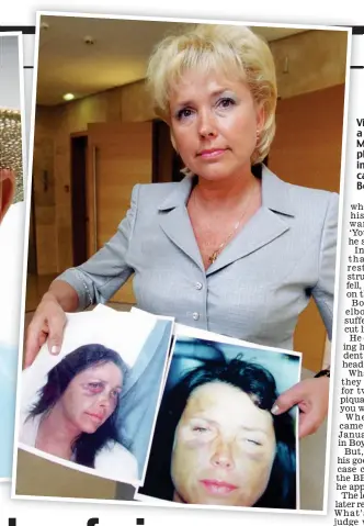  ??  ?? Victim of violence or a woman scorned? Margaret Moore with photograph­s of the injuries she said were caused by Geoffrey Boycott (far left)