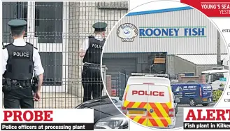  ??  ?? Police officers at processing plant Fish plant in Kilkeel yesterday