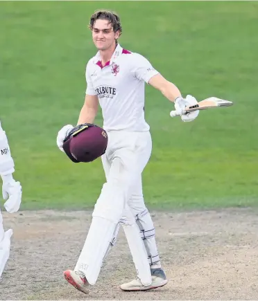  ?? Picture: Ross Kinnaird/Getty ?? Somerset’s Tom Lammonby celebrates his hundred in the recent Bob Willis Trophy game against Worcesters­hire at New Road