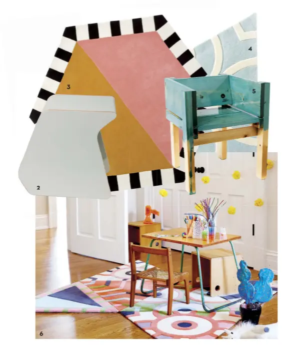  ??  ?? 1. Solamente dedicado al diseño para niños, el showroom de kinder MODERN se sitúa en Manhattan. 2. Heritage Perch de kinder MODERN. 3. Tapete Large Hexagon Sunrise de kinder Ground. 4. Tapete Tri Sky de kinder Ground. 5. Child Chair de Lucas Maassen & Sons. 6. Las coleccione­s cuentan con muebles, tapetes y objetos.