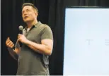  ?? James Tensuan / The Chronicle 2015 ?? Left: Tesla CEO Elon Musk discusses new features for the electric vehicles at an event at the company’s Palo Alto headquarte­rs in October.