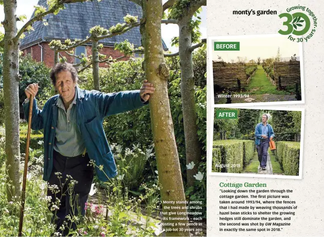  ??  ?? Monty stands among the trees and shrubs that give Longmeadow its framework – each costing a few pence in a job-lot 30 years ago