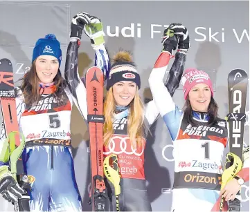  ?? — AFP photo ?? US Winner Mikaela Shiffrin (C), Slovakia’s second-placed Petra Vlhova (L) and Switzerlan­d’s third-placed Wendy Holdener (L) pose on the podium of the FIS women World Cup Slalom on Sljeme mountain near Zagreb on January 5, 2019.