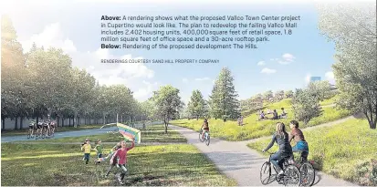  ?? RENDERINGS COURTESY SAND HILL PROPERTY COMPANY ?? Below: Rendering of the proposed developmen­t The Hills.