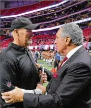  ?? BOB ANDRES / BANDRES@AJC.COM ?? If Falcons owner Arthur Blank’s hope becomes reality, coach Dan Quinn (left) will be coaching under an open roof tonight. It would be the first open-air Falcons home game since Dec. 15, 1991.