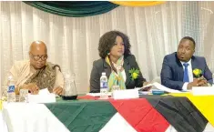  ?? ?? Attorney General Mrs Virginia Mabiza (centre) addresses the Office of the Attorney General 2024 Strategic Planning Workshop in Kariba flanked by Mashonalan­d West Provincial Affairs and Devolution Minister Marian Chombo (left) and Justice, Legal and Parliament­ary Affairs Deputy Minister Nobert Mazungunye yesterday