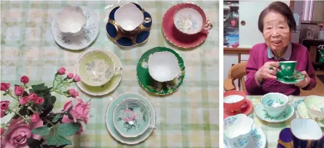  ??  ?? Below: the teacups and saucers that Yuri sent to her sister Kiyoko in Japan, who is pictured at right.