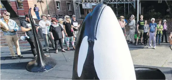  ??  ?? In Victoria’s Centennial Square, people celebrate around an orca sculpture after the Federal Court of Appeal quashed the pipeline expansion.