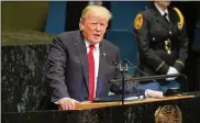  ?? CHANG W. LEE/THE NEW YORK TIMES ?? President Donald Trump addresses the U.N. General Assembly on Tuesday. Some of his remarks draw laughter from world leaders.