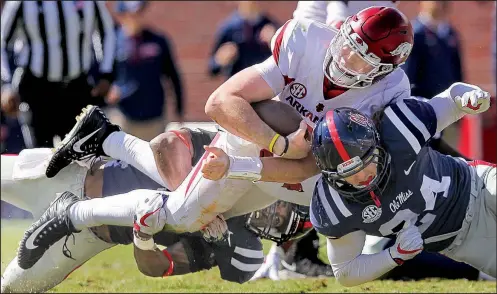  ?? Arkansas Democrat-Gazette/BENJAMIN KRAIN ?? Arkansas freshman quarterbac­k Cole Kelley has helped guide the Razorbacks to a 2-2 record while filling in for senior Austin Allen, who has been sidelined since suffering a shoulder injury against South Carolina on Oct. 7.