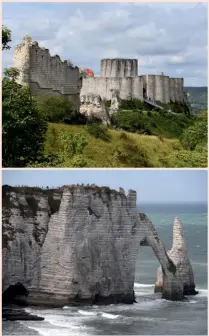  ??  ?? Oben: Château Gaillard, Burg Richard Löwenherz, unten: Kreidefels­en von Étretat, Rechts: Les Andleys