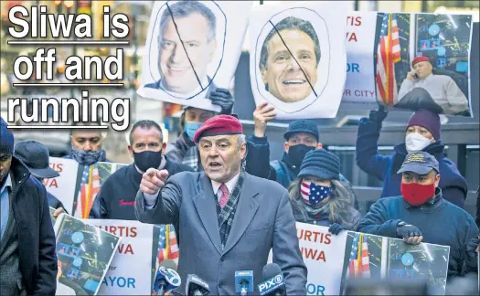  ??  ?? CITY OF ANGELS: Guardian Angels founder Curtis Sliwa rips Mayor de Blasio and Gov. Cuomo on criminal justice Monday as he launches his bid for mayor.