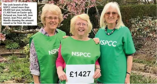  ??  ?? The Leek branch of the NSPCC raised more than £9,000 last year, including £1,400 from an Easter quiz. Pictured are, from left, Jean Daniel, Jean Price and Sue Wardle showing the amount raised so far from the quiz.