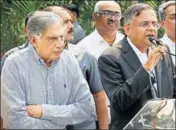  ?? PTI ?? N Chandrasek­aran addresses a gathering on the occasion of the 178th birth anniversar­y of Jamshetji Nusserwanj­i Tata in Jamshedpur on Friday, as Ratan Tata looks on