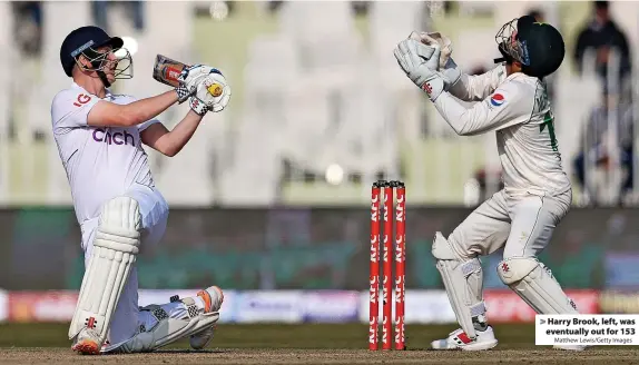  ?? Matthew Lewis/Getty Images ?? Harry Brook, left, was eventually out for 153