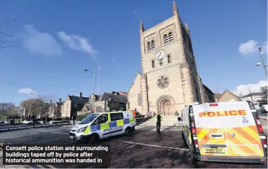  ??  ?? Consett police station and surroundin­g buildings taped off by police after historical ammunition was handed in