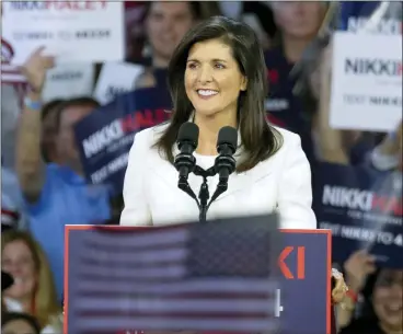  ?? MEG KINNARD/ASSOCIATED PRESS ?? Nikki Haley, former South Carolina governor and United Nations ambassador, launches her 2024presid­ential campaign on Feb. 15, 2023, in Charleston, S.C. Haley has rallies planned in the Des Moines and Cedar Rapids areas on Monday, Feb. 20, and Tuesday, Feb. 21.