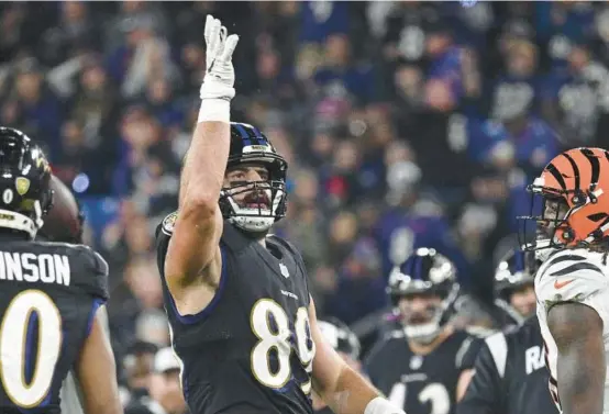  ?? KENNETH K. LAM/BALTIMORE SUN ?? Ravens tight end Mark Andrews signals for a first down after making a catch against the Bengals during a game Oct. 9 at M&T Bank Stadium.