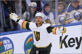  ?? JEFFREY T. BARNES — THE ASSOCIATED PRESS ?? Vegas Golden Knights center Jack Eichel celebrates his goal against the Buffalo Sabres during the third period of an NHL hockey game Thursday, Nov. 10, 2022, in Buffalo, N.Y.
