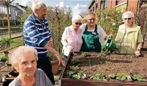  ?? FOTO: SENIORENZE­NTRUM DER EVANGELISC­HEN KIRCHENGEM­EINDE VIERSEN ?? Die Gartenfreu­nde vom Nordkanal: Helma Saunus ( Mitte) ist ausgebilde­te Gartenther­apeutin. Die Bewohner sind begeistert von „ihrem“Garten.