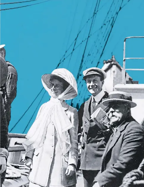  ?? ?? On board the Terra Nova in 1910, Captain Edward Evans, second left, who was second in command on the ill-fated expedition, beside his wife Hilda and the expedition’s doctor Edward Wilson and wife Oriana, next to Joseph Kinsey, far right, a shipping tycoon and supporter of Captain Scott. Evans would narrowly survive but Wilson did not return from the Antarctic