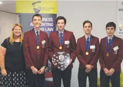  ??  ?? TRIUMPHANT: St Augustine’s College business studies teacher Tania Bellerby with Year 12 students Jack McHenry, Bailey Hoare, Tyler Hodgkinson and Sam Guarrera.