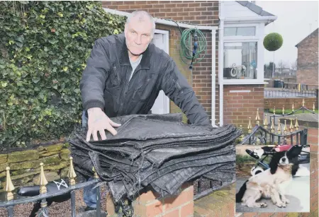  ??  ?? Coalman Douglas Soakell outside his home after his van was set on fire and, inset, his son’s dog that was inside the van at the time.