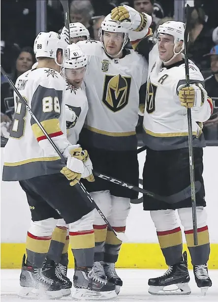  ?? ALEX GALLARDO/THE ASSOCIATED PRESS ?? Defenceman Brayden McNabb, second from right, and his teammates ran right through the Los Angeles Kings in the opening round of the Stanley Cup playoffs.