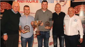  ?? Photo by Eamonn Keogh ?? Robert Duggan and Ger Conway, overall winners of the Modified category of the Rentokil Initial Killarney Historic Rally, with Mike Buckley, WRC champion Paul Nagle and Michael O’Mahoney, Rentokil Initial Ireland Managing Director, at the prizegivin­g...