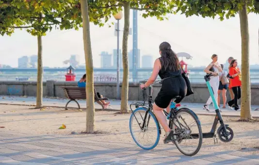  ?? P. W. (ALAMY STOCK PHOTO) ?? Una mujer monta en bicicleta a orillas del río Rin, en Düsseldorf.