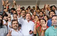  ?? IANS ?? Congress workers celebrate after party candidate Nilanshu Chaturvedi won Chitrakoot byelection on 12 November.