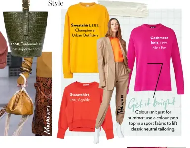  ??  ?? £350, Trademark at net-a-porter.com Sweatshirt, £125, Champion at Urban Outfitters Sweatshirt, £90, Agolde Cashmere knit, £199, Me + Em