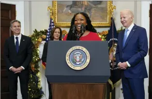  ?? PATRICK SEMANSKY — THE ASSOCIATED PRESS ?? Cherelle Griner, wife of WNBA star Brittney Griner, speaks after President Joe Biden announced Brittney Griner’s release Thursday at the White House. Also attending are Secretary of State Antony Blinken, left, and Vice President Kamala Harris.