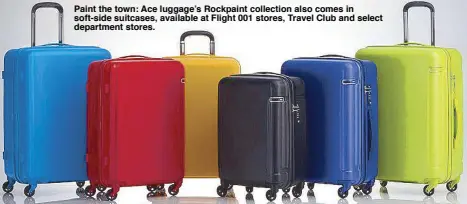  ??  ?? Paint the town: Ace luggage’s Rockpaint collection also comes in soft-side suitcases, available at Flight 001 stores, Travel Club and select department stores.