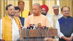  ?? SUBHANKAR CHAKRABORT­Y/HT PHOTO ?? Chief minister Yogi Adityanath addressing mediaperso­ns at the Central Hall of the Assembly in the state capital on Maonday.