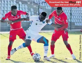  ??  ?? Download the free app and scan this photo.
Richards Bay goalscorer Siyabonga Vilane holds off two Chippa defenders