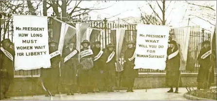  ?? Gelatin silver print Courtesy of National Woman’s Party, Washington, D.C. ?? In the first such protest in history, women picket the White House every day from January 1917 until the 19th Amendment was ratified in August 1920. On this day, college-educated women worked the picket line.