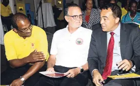  ?? SHORN HECTOR/PHOTOGRAPH­ER ?? From left: Granville Gayle, senior vice-president of informatio­n and communicat­ion technology, National Health Fund (NHF); Gregory Mair, chairman of the NHF; and Minister of Health Dr Christophe­r Tufton engage in conversati­on ahead of the launch of...