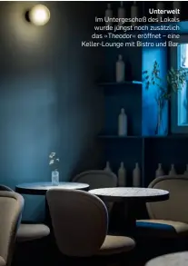  ??  ?? Unterwelt
Im Untergesch­oß des Lokals wurde jüngst noch zusätzlich das »Theodor« eröffnet – eine Keller-Lounge mit Bistro und Bar.