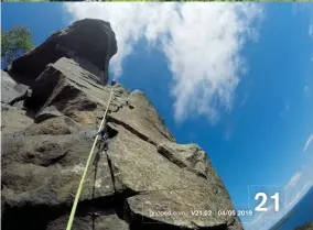  ??  ?? Bottom: Looking up the second half of the first pitch to the belay ledge after turning the corner