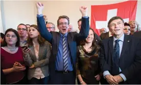  ??  ?? The Swiss People’s party (SVP) celebrate the vote to curb immigratio­n in 2014. But the result had far-reaching consequenc­es for the country’s academic institutio­ns. Photograph: Marcel Bieri/EPA