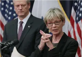  ?? ANGELA ROWLINGS PHOTOS / HERALD STAFF ?? WASH AND RINSE: Health and Human Services Secretary Marylou Sudders demonstrat­es proper handwashin­g techniques during a news conference about the state’s preparedne­ss for coronaviru­s at the State House on Monday.