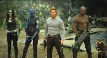  ?? DISNEY-MARVEL VIA AP ?? This image released by Disney-Marvel shows Zoe Saldana, from left, Karen Gillan, Chris Pratt, Dave Bautista and Rocket, voiced by Bradley Cooper, in a scene from, "Guardians Of The Galaxy Vol. 2."