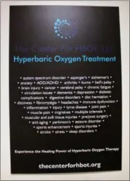  ?? LAUREN HALLIGAN — LHALLIGAN@DIGITALFIR­STMEDIA.COM ?? Hyperbaric oxygen treatment can be used to treat a wide variety of different health issues.