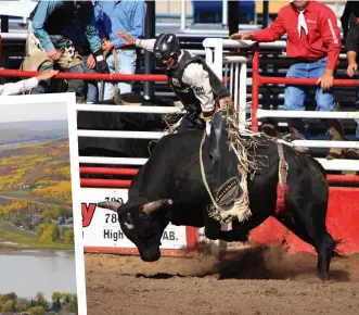  ??  ?? Clockwise from top left: Dunvegan, Highway 55 Nipawin, Big River camping, Bull riding in the town of High Prairie, Peace River and Cold Lake.