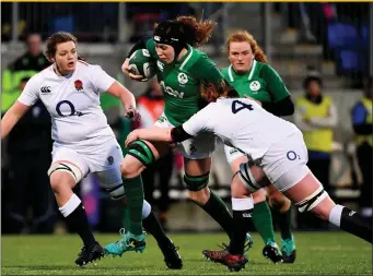  ??  ?? Sligo’s Aoife McDermott is tackled by Catherine O’Donnell of England during the Women’s Six Nations Rugby Championsh­ip match between Ireland and England at Energia Park in Donnybrook, Dublin. Photo by Ramsey Cardy/Sportsfile