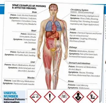  ??  ?? SOME EXAMPLES OF POISONS & AFFECTED ORGANS;