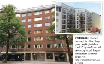  ?? FOTO: PER BRANDT/ÅWL ARKITEKTER ?? ÖVERKLAGAT. Staden har sagt ja till att bygga ett nytt gårdshus med 15 hyresrätte­r vid en fastighet på Birger Jarlsgatan. Grannar säger nej.