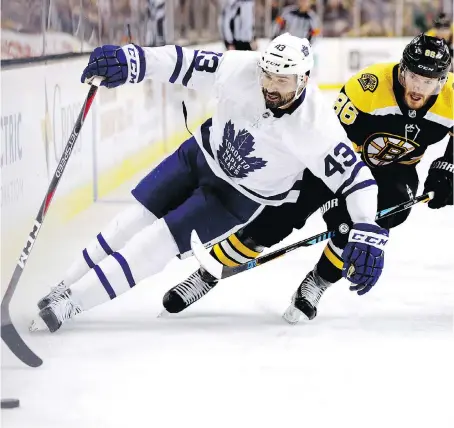  ?? MADDIE MEYER/GETTY IMAGES ?? Nazem Kadri made his presence felt in his return from suspension Saturday in Game 5, helping the Maple Leafs score a 4-3 victory in Boston and force a Game 6 back in Toronto Monday.